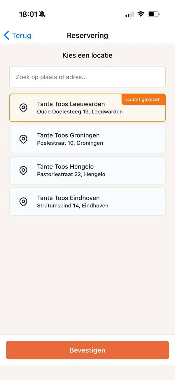 Schermafbeelding van de Tante Toos app: Kies je locatie
