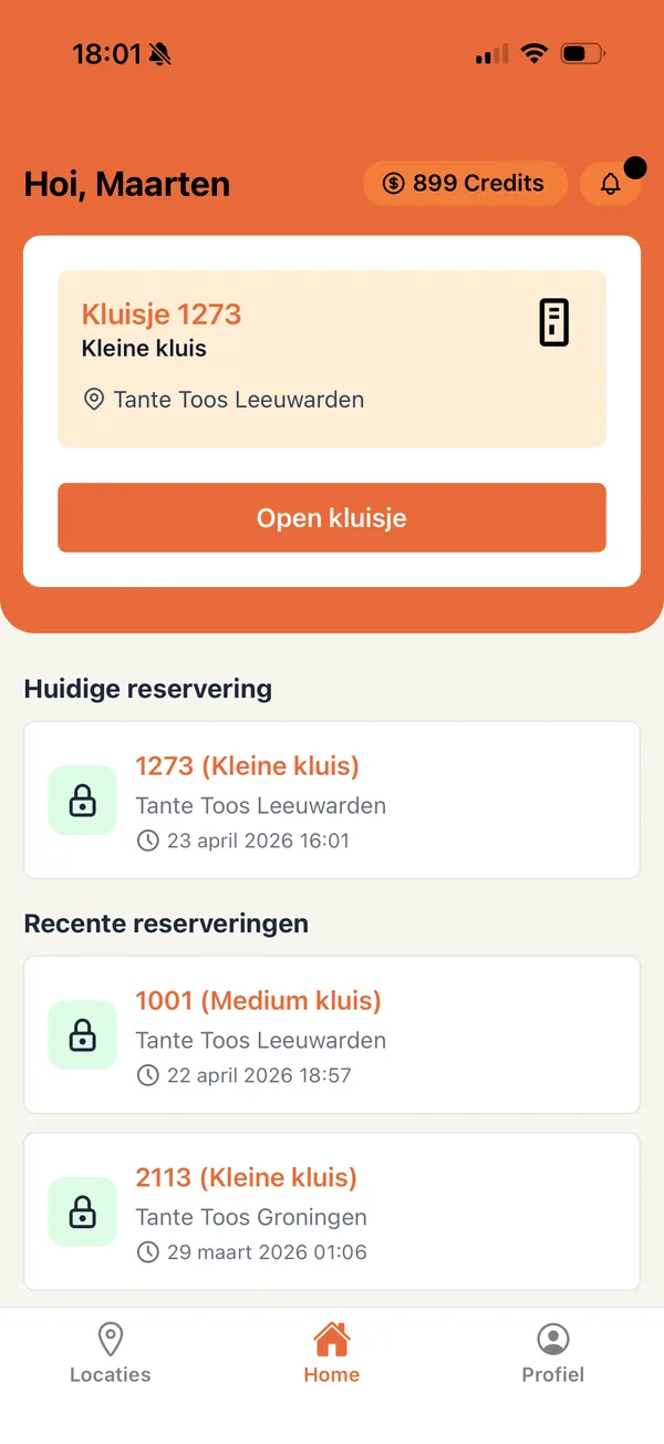 Schermafbeelding van de Tante Toos app: Je kluisje in beeld