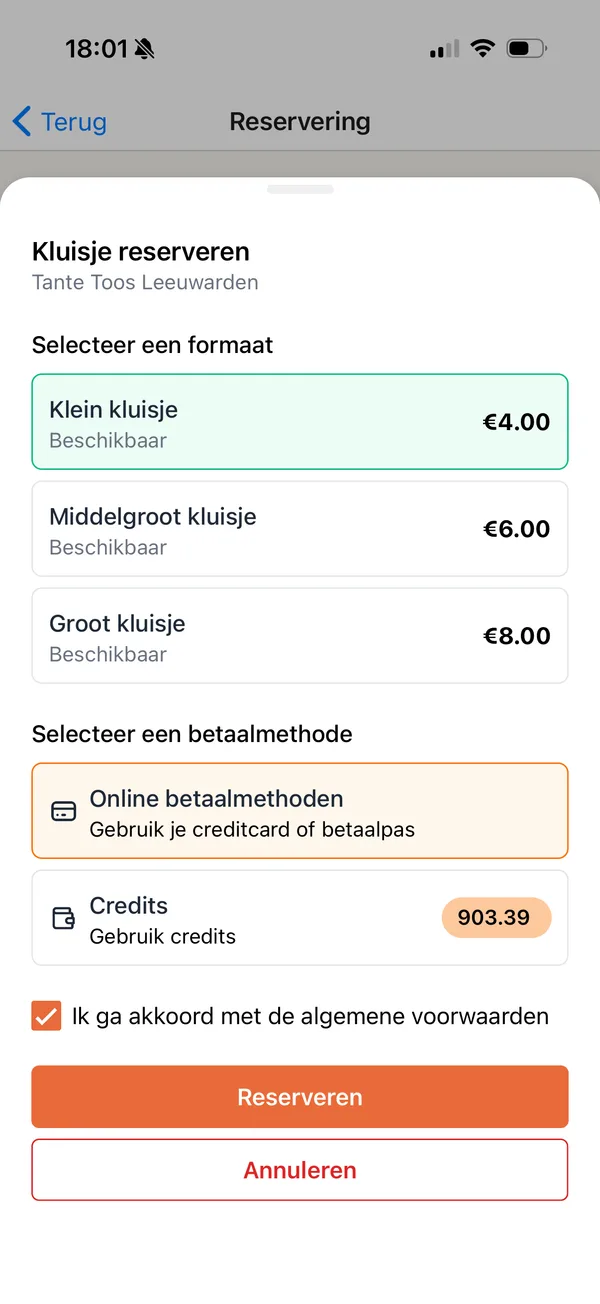 Schermafbeelding van de Tante Toos app: Kies formaat en betaling